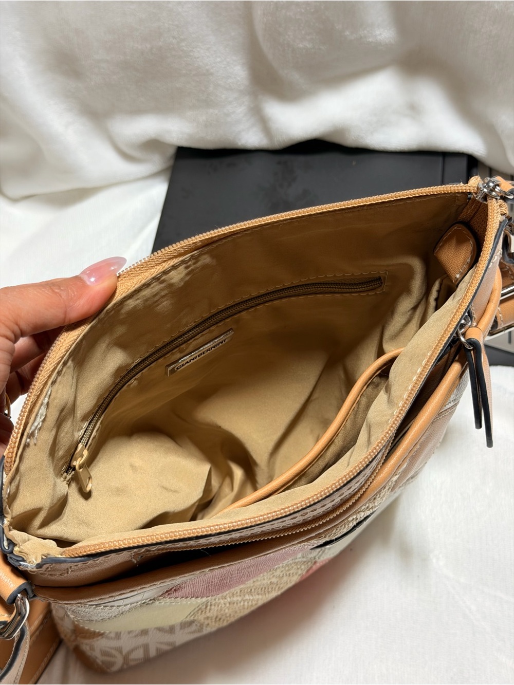 Gianni Bini Patchwork Crossbody in Peach, Cream & Tan - Picture 10 of 12